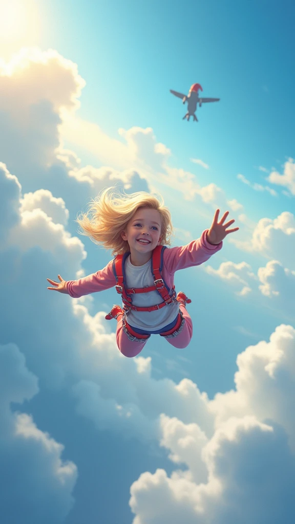 1girl,(sky),(clouds),(masterpiece, top quality, best quality, photorealistic, official art, beautiful and aesthetic:1.2),A blonde girl skydiving,illustration,high quality,ultra-detailed,realistic, vibrant colors,soft lighting,landscape, sky,HDR,bokeh,peaceful atmosphere,fine art photography.