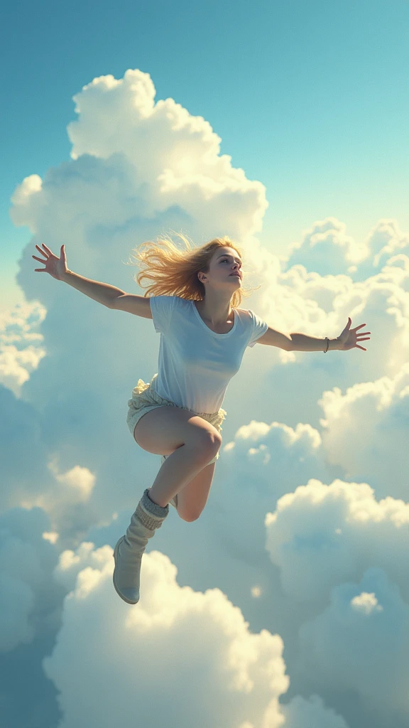 1girl,(sky),(clouds),(masterpiece, top quality, best quality, photorealistic, official art, beautiful and aesthetic:1.2),A blonde girl skydiving,illustration,high quality,ultra-detailed,realistic, vibrant colors,soft lighting,landscape, sky,HDR,bokeh,peaceful atmosphere,fine art photography.