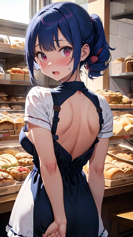 mastute piece,Best Quality,insanely detailed,8k cg,nsfw,
(shoot upper body:1.3),
(1girls:1.3),standing,looking at viewr,body in front,((both arms behind back:1.4)),(baker costume:1.2,waitress costume),(bare breasts),break,
blush,shy,(ecstasy face),(trembling:1.2),break,(blue hair:1.2),
break,
perfect breasts,perfect teats,(open mouth:0.9),(large breasts:1.3),
(bakery:1.1),