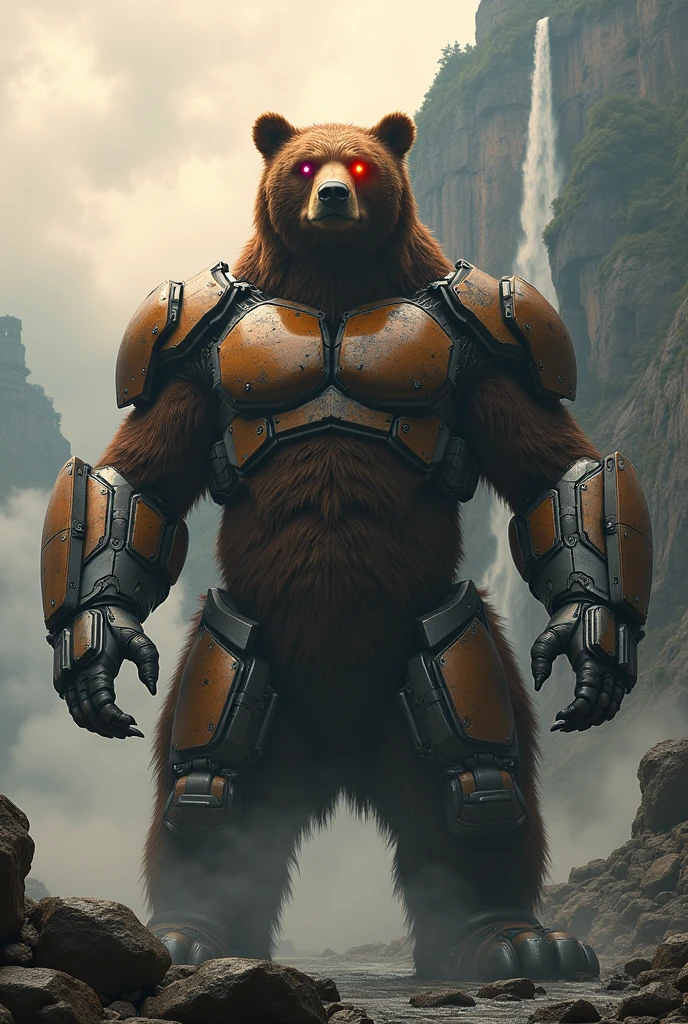 A giant brown bear with two mechanical metal arms stands confidently on two legs., Head floating up, The body is muscular., Hands on chest, Superhero atmosphere, A metal robot with one red eye and one yellow eye., glowing eyes, Industrial city backdrop, incredible light, high contrast , Zoomed-out image of a large ancient Buddha statue on a mountain wall., Between the waterfalls, Surrounded by clouds, view, movie light