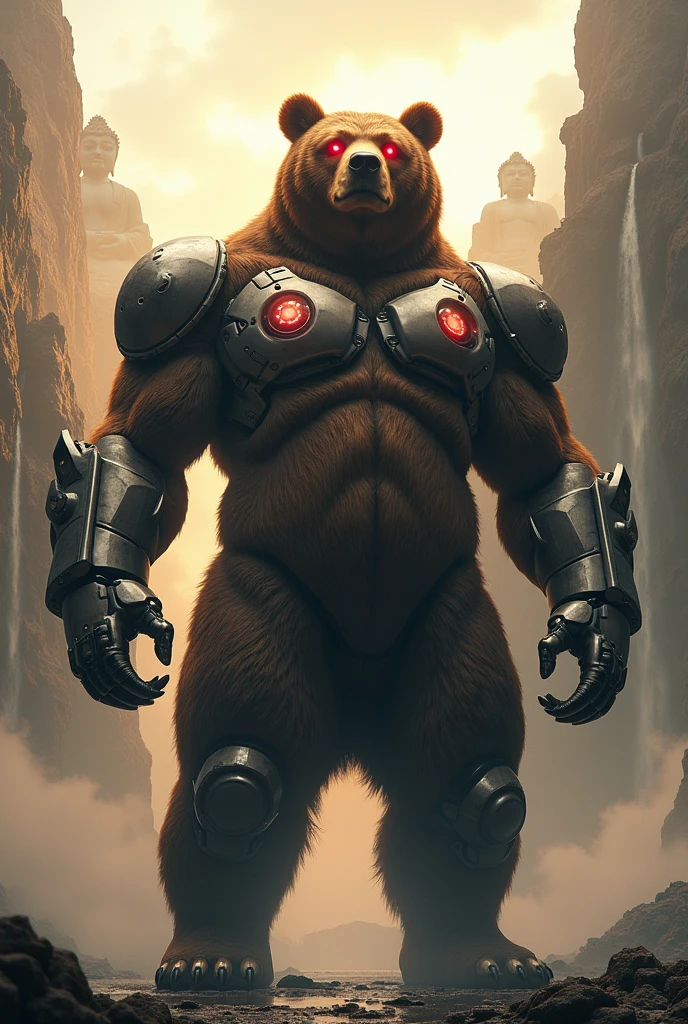 A giant brown bear with two mechanical metal arms stands confidently on two legs., Head floating up, The body is muscular., Hands on chest, Superhero atmosphere, A metal robot with one red eye and one yellow eye., glowing eyes, Industrial city backdrop, incredible light, high contrast , Zoomed-out image of a large ancient Buddha statue on a mountain wall., Between the waterfalls, Surrounded by clouds, view, movie light