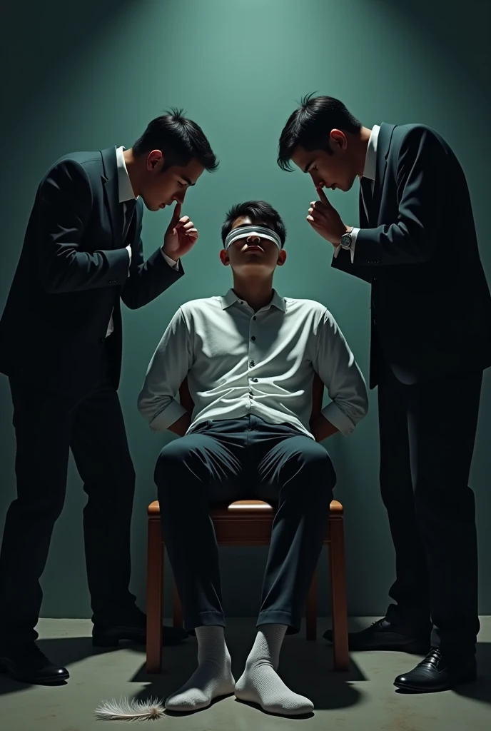 Handsome malay Zarul 22years lawyer
He laugh
Focus 5toefeet
Shoeless
Hand Handcuff wooden chair
blindfolded
feather on floor
Pair of Blacksock on floor
2 mafia pinch their nose
The mafia boss rub his soles
