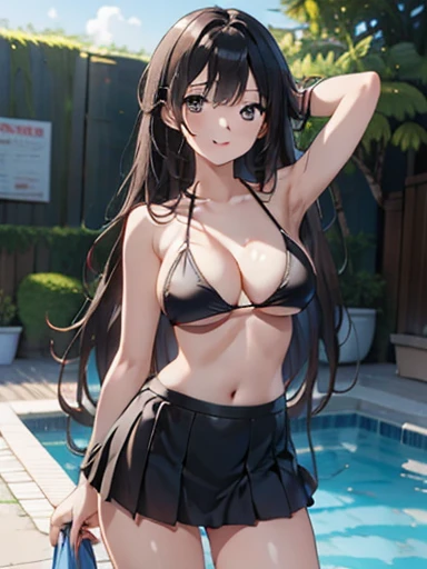 masterpiece, High resolution, High resolution, High resolution, Girl, cute, adorable, smiling, straight hair, long hair, black hair, standing, Swayback stance, looking at the camera, From the front, from thighs to head, pool, daylight,Skirt-style-bikini
