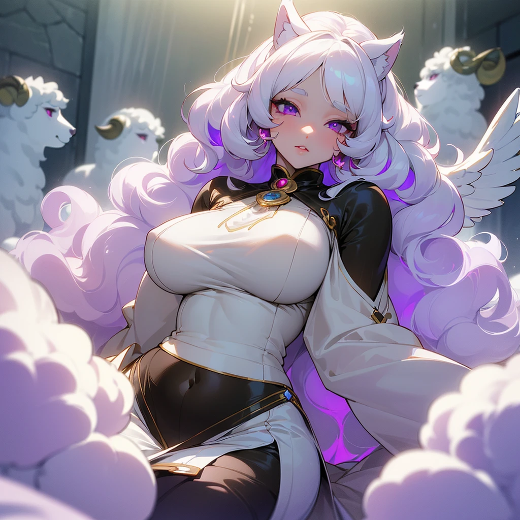 ((ultra quality)), ((masterpiece)), ((Angelic beauty woman)), ((long white curly hair)), ((White hair)), ((fluffy white hair)), ((curly hair)), (beautiful face), (beautiful thick lips), Enchanting ((Calm facial expression)), looks at the camera with a slight smile, (White skin color), (White skin), glow on the body, ((detailed eyes)), ((Half Sheep)), ((Kemonomimi Oveja)), ((violet eyes)), (juicy female lips), (dark eyeliner), (beautiful female hands), ((thick body)), ideal female body, beautiful waist, beautiful big hips, big breasts, thick thighs, ((Divine and beautiful)) (), ((depth of field)), ((high quality clear image)), (delete details), ((High detail)), ((clear focus))