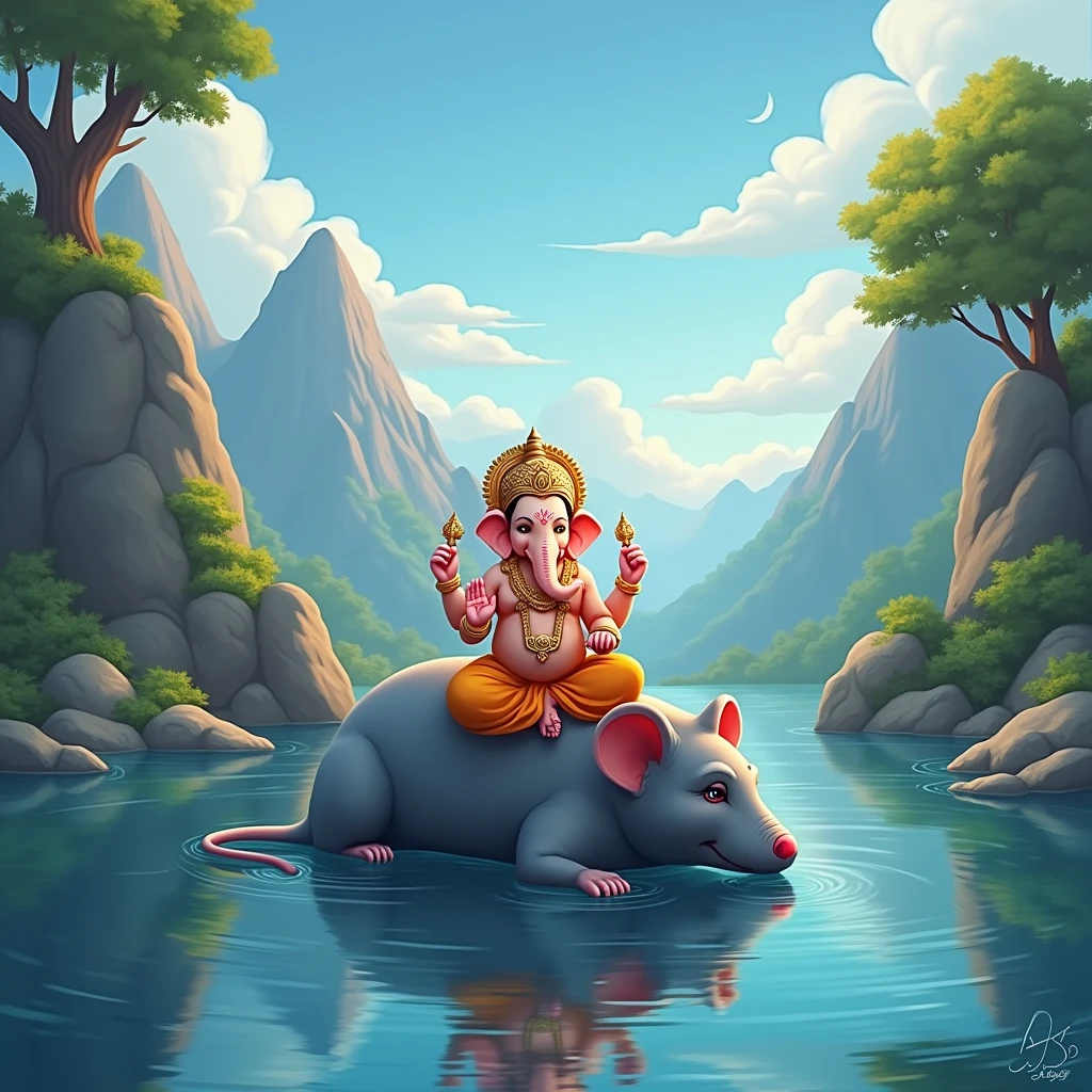 The image is a digital illustration of Lord Ganesha, the Hindu god of wisdom and success. He is sitting on top of a grey rat, which is lying on its back in a body of water. The rat is facing towards the right side of the image, with its head resting on the rat's back. The background is a mountainous landscape with trees and rocks. The sky is blue with a few clouds, and the sun is shining through the trees, creating a warm glow. The overall mood of the illustration is peaceful and serene.