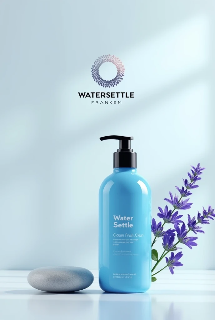 A hyper-realistic product scene showcasing a blue body wash bottle with a sleek pump head, placed on a white or gray background. The bottle is accompanied by a smooth stone and some lavender sprigs. The label on the bottle reads "Water Settle Ocean Fresh Clean," On the right side, below a large text box, lies another name for hair wash cream called Water settle Frankem. A logo containing all three words appears above the text box. The scene is rendered in 4500 HD CGI