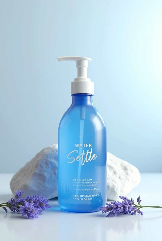 A hyper-realistic product scene showcasing a blue body wash bottle with a sleek pump head, placed on a white or gray background. The bottle is accompanied by a smooth stone and some lavender sprigs. The label on the bottle reads "Water Settle Ocean Fresh Clean," On the right side, below a large text box, lies another name for hair wash cream called Water settle Frankem. A logo containing all three words appears above the text box. The scene is rendered in 4500 HD CGI