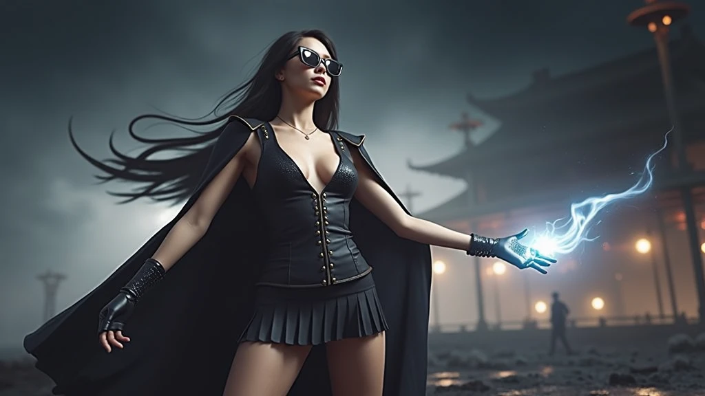 A young futuristic female sorcerer with a glowing floating small crystal stone, releasing mysterial spell and magical power, facing and defeating dark forces and beings. She stands with her right hand raised forward with a blue fire of light, Sun Wukong is chasing behind, at night, (1girl, solo, alone), photorealistic, large- slim:0.6 body, oval:0.5 face, cleavavery low angle view of pleated miniskirt, deep-v, (upskirt), glovrix style black micro sunglasses), dynamic running pose, (half-body thigh level close-up shot), cinematic lighting, ray tracing, motion blur background.