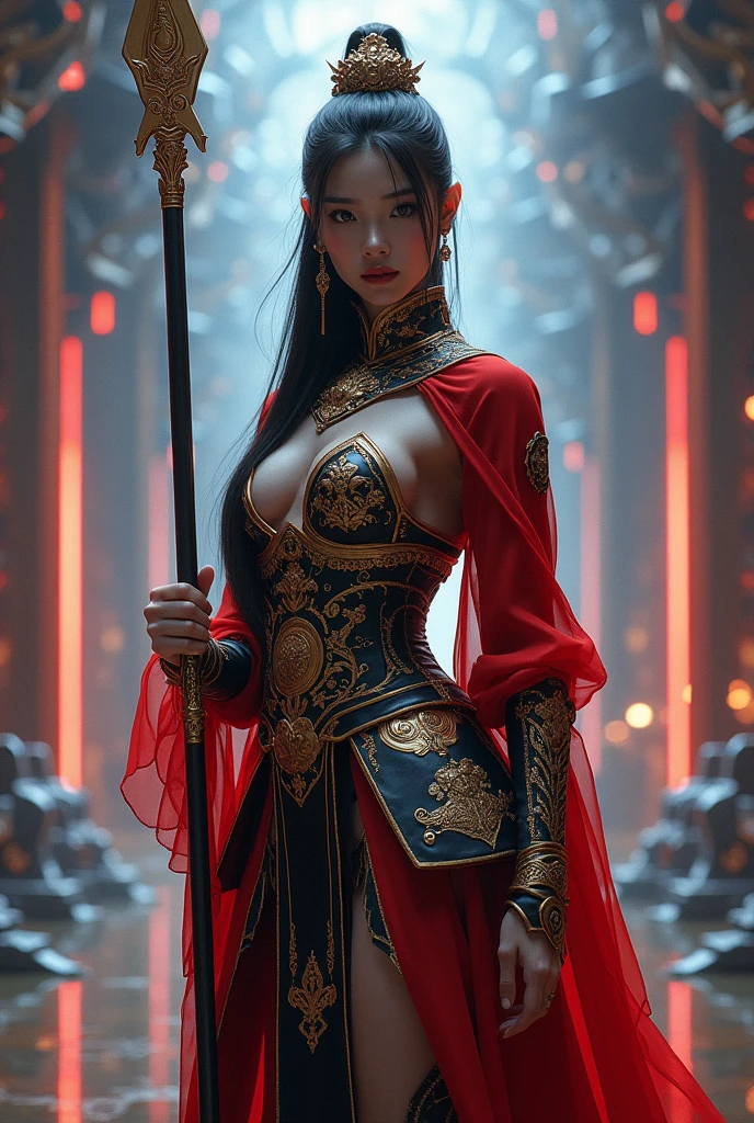 masterpiece, best quality, official art, extremely detailed CG unity 8k wallpaper,absurdres,8k resolution, exquisite facial features, prefect face, Cinematic Lighting, dynamic lighting, volumetric lighting maximalist photo illustration: by Marton bobzert, 8k resolution concept art intricately detailed, complex, elegant, majestic, ecstasy, fantastical, aspect ratio:16:9, shining Ancient Chinese armor, Fantasy detailers, a woman (Beautiful face, young, Supermodel) in Epic Ancient Chinese armor, neon light armor, straight long hair, standing holding a spear, Fantasy detailers, looking_at_viewer, front view, sexy woman, big breasts,