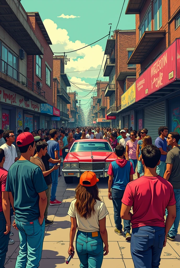 Create an illustration, 90s style drawing, slum streets, people listening to music, 80s cars like Cadillac, scene alluding to rap 