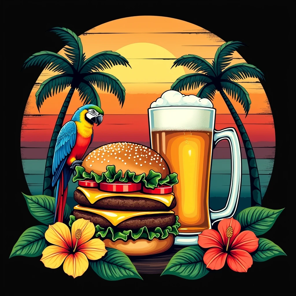 black background,realistic,retro-inspired design featuring a detailed illustration of a cheeseburger with all the fixings, next to a frosty mug of beer. Set the cheeseburger against a semi-circle background of horizontal stripes that resemble a vintage sunset. Use vibrant shades orange,beige,red,green,yellow,blue for the stripes, with a slightly worn, textured.surrounded by lush tropical plants like palm leaves and hibiscus flowers The overall style should blend realistic illustration with retro graphic elements, creating a design that is both visually striking and easy to wear.Include a colorful parrot perched among the foliage to enhance the island vibe.