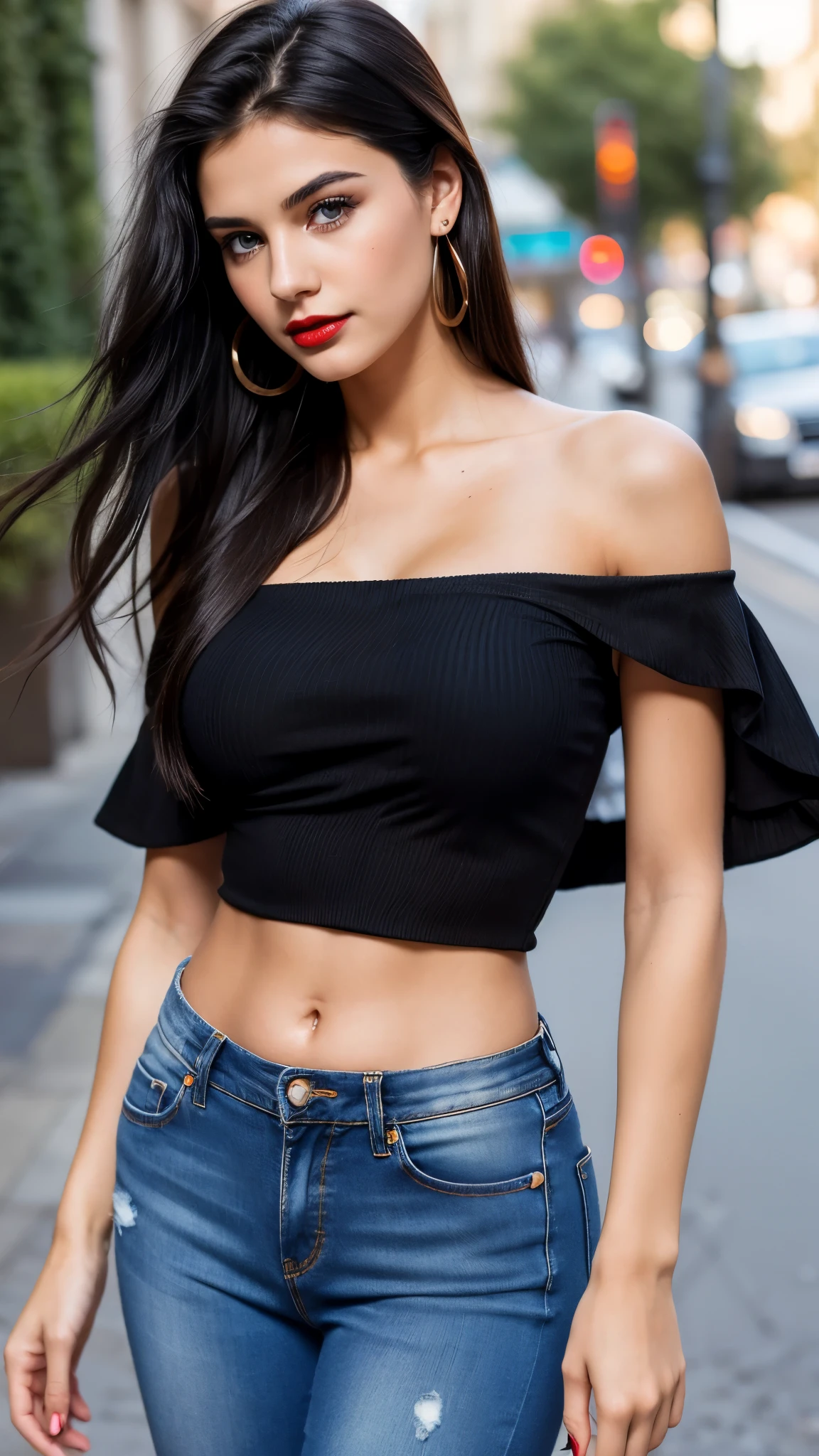 Beautiful 20-year-old brunette girl with fair skin, long straight black hair with red lipstick and wearing blue-eyed earrings wearing a black one-shoulder blouse and high-waisted jeans showing her belly button