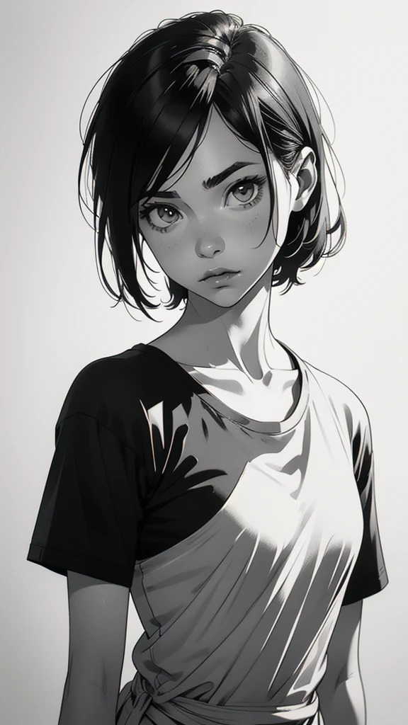 1 boyish girl, solo, sharp eyes, monochrome, greyscale, short black hair, portrait, white T-shirt, Thin eyebrows, closed mouth, looking at viewer, graphite \(medium\), detailed lips, hatching \(texture\), without makeup, bangs, upper body, (best illustration), (best quality), (very detailed), (masterpiece), expressionless,