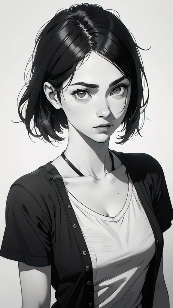 1 boyish girl, solo, sharp eyes, monochrome, greyscale, short black hair, portrait, white T-shirt, Thin eyebrows, closed mouth, looking at viewer, graphite \(medium\), detailed lips, hatching \(texture\), without makeup, bangs, upper body, (best illustration), (best quality), (very detailed), (masterpiece), expressionless,