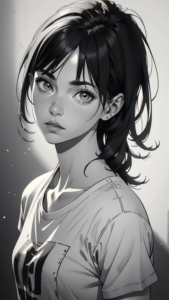 1 boyish girl, solo, sharp eyes, monochrome, greyscale, short black hair, portrait, white T-shirt, Thin eyebrows, closed mouth, looking at viewer, graphite \(medium\), detailed lips, hatching \(texture\), without makeup, bangs, upper body, (best illustration), (best quality), (very detailed), (masterpiece), expressionless,