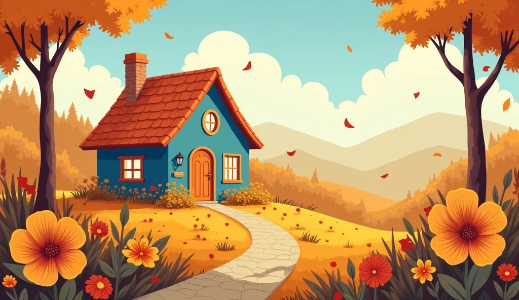 A whimsical and detailed digital illustration of a cozy cottage nestled in a serene countryside, featuring warm autumn tones. The cottage, with its blue walls and orange-tiled roof, is surrounded by tall, slender trees and lush, blooming flowers. The sky is filled with fluffy, stylized clouds, ranging in shades of soft oranges and creams, which add depth to the background. The foreground is adorned with large, vibrant flowers in shades of yellow, orange, and red, creating a warm, inviting atmosphere. The rolling hills behind the cottage transition smoothly into distant, misty mountains, adding a sense of depth to the scene. The entire composition should have a harmonious balance of soft, curving lines and detailed textures, with an overall feeling of warmth and tranquility.