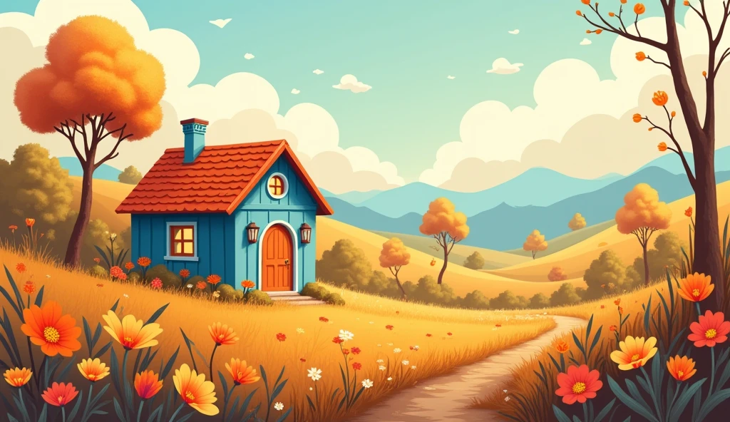 A whimsical and detailed digital illustration of a cozy cottage nestled in a serene countryside, featuring warm autumn tones. The cottage, with its blue walls and orange-tiled roof, is surrounded by tall, slender trees and lush, blooming flowers. The sky is filled with fluffy, stylized clouds, ranging in shades of soft oranges and creams, which add depth to the background. The foreground is adorned with large, vibrant flowers in shades of yellow, orange, and red, creating a warm, inviting atmosphere. The rolling hills behind the cottage transition smoothly into distant, misty mountains, adding a sense of depth to the scene. The entire composition should have a harmonious balance of soft, curving lines and detailed textures, with an overall feeling of warmth and tranquility.