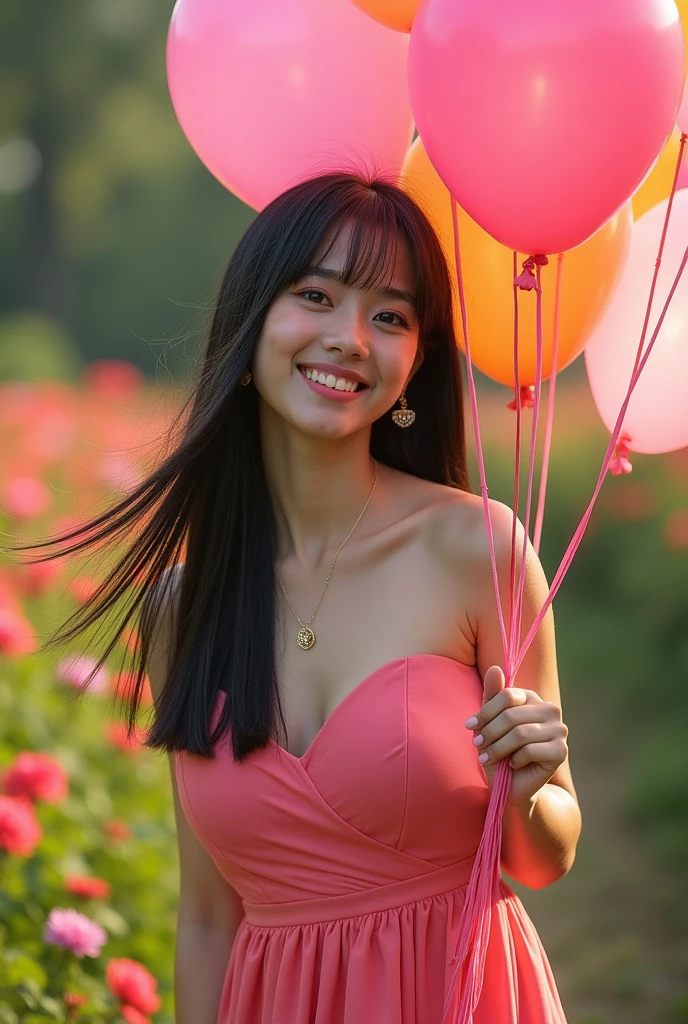 A very beautiful Indonesian woman with long, straight hair blowing in the wind and bangs wearing a beautiful dress complete with bright pink accessories is standing in a flower garden holding colorful balloons smiling looking at the camera realpict Looks very realistic 