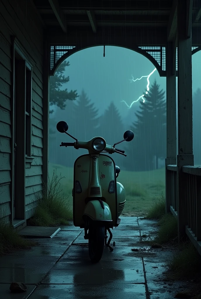 An old scooter is kept outside in the varanda corridor  at night of the old house, raining and windy outside, no electricity 