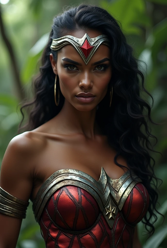 a beautiful woman (((Black-skinned))) Under the mantle of the Amazon warrior Wonder Woman headband in silver-colored metal with a red star on her forehead
