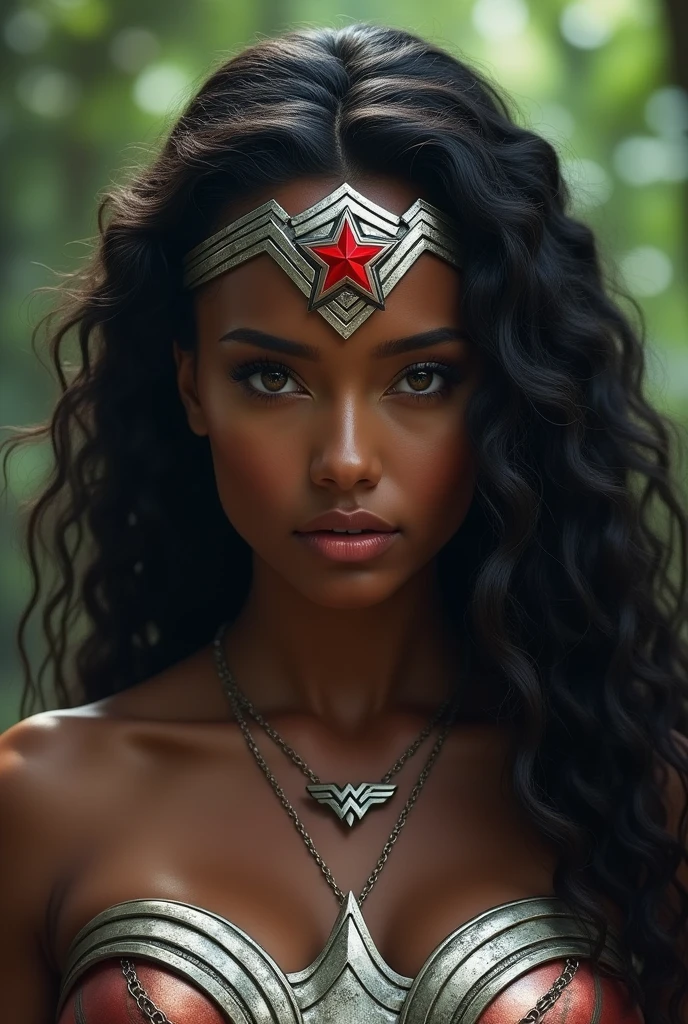 a beautiful woman (((Black-skinned))) Under the mantle of the Amazon warrior Wonder Woman headband in silver-colored metal with a red star on her forehead