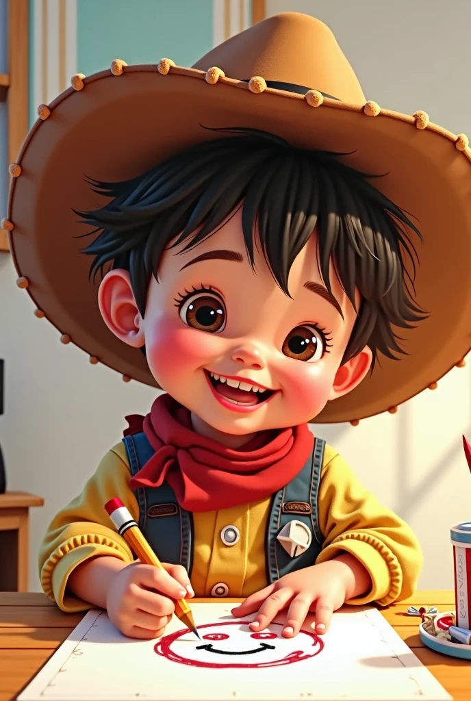 child with cowboy hat drawing happy face, Disney style, only upper body