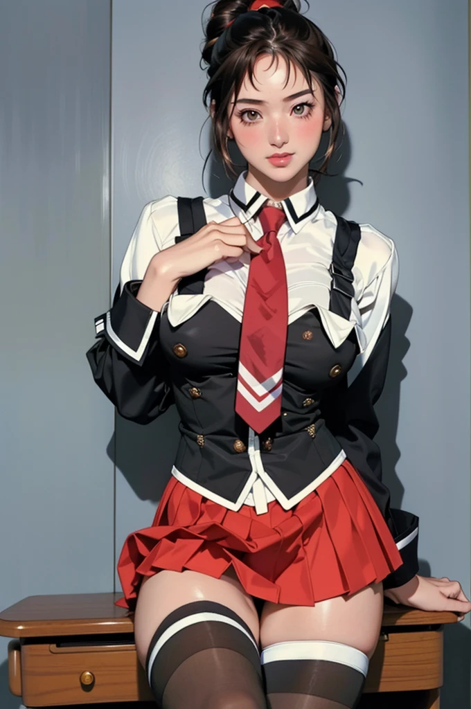 1girl, suspicious expression,(topheavy:1.2),(huge breasts:1.1), (topheavy:1.0),(bottomheavy:1.1),  Joyful Victory Jump pose, (viewed from in front:1.1),beautiful face, seductive gaze, shiny skin, blush, eyeliner, eyeshadow, eyelashes, looking at viewer, Islands background , Brown eyes,(  medium Aqua Braided Bun hairstyle),cinematic lighting, sunlight, volumetric,  nice hands, perfect hands, zettai ryouiki, cosplayrealistic_bibleblack_schooldress_ownwaifu, pleated skirt, long sleeves, necktie, miniskirt, thighhighs, red necktie, vest, suspenders,Sexy Lawyer,22 years young, sexy lace lingerie,Classy business skirt, black blazer, white dress shirt, Tight Skirt, Reading a book at a desk, at the library, big, cleavage, perfect hands perfect fingers perfect breasts perfect fit perfect body perfect face perfect image realism detailed