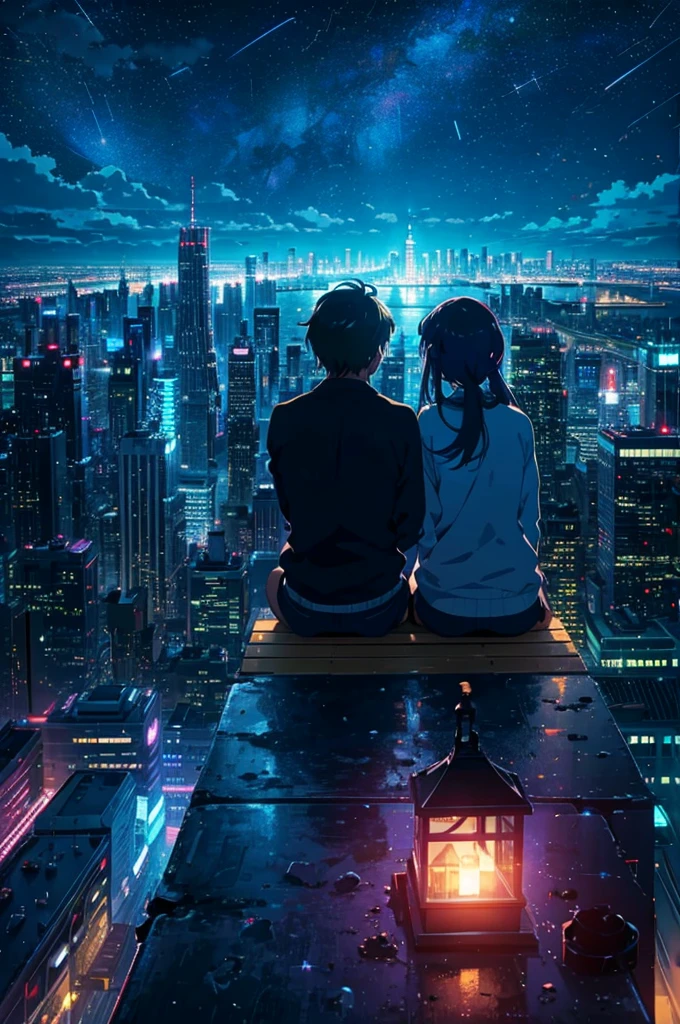 generate an image of a couple sitting on top of a building next to each other enjoying the view of the city and buildings with building lights with the starry sky in anime form