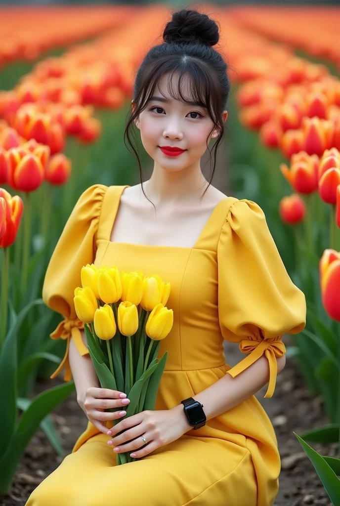 A beautiful Indonesian woman, smooth white skin, well-groomed face,top bun hair, Korean style with bangs, ,wearing a dress ,closed chest, knee length yellow,left and right sleeves with beautiful ribbons,balloon sleeve model ,holding a bouquet of yellow tulips  ,black watch, white shoes, sitting pose, in the grove of tulips, red ,yellow that blooms beautifully and densely. Tulip garden background, beautiful very amazing .Realistic original photo 