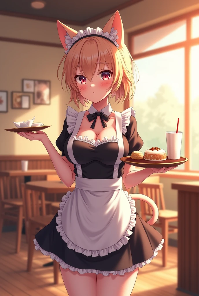 Anime cat girl dressed as a maid with cat tail and cat ears in a cafeteria holding a tray wide thighs and dress uniform big breasts blushing