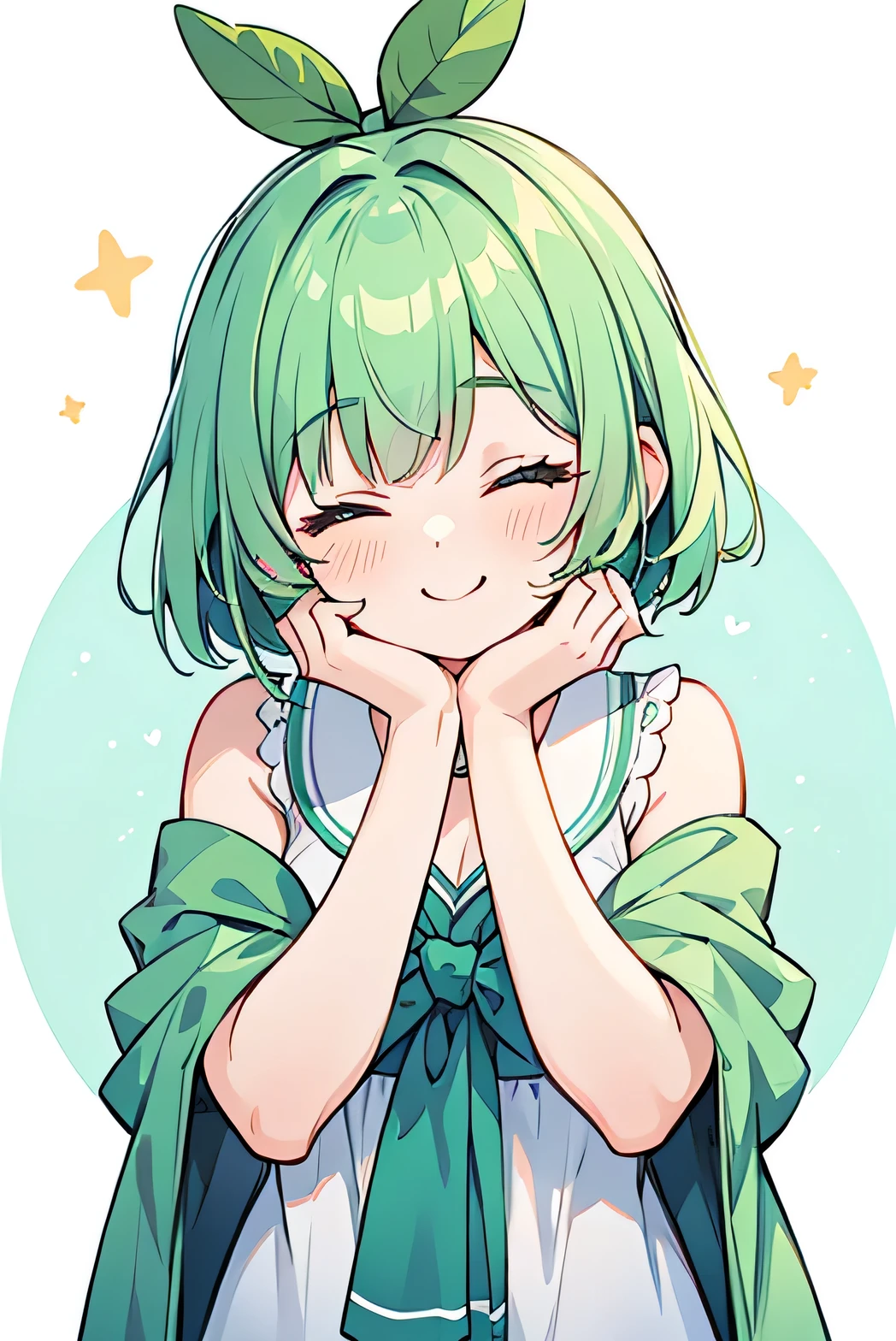 20-year-old woman,Place both hands on cheeks,happy,Mint green hair,Bob Hair,Both eyes closed,White background