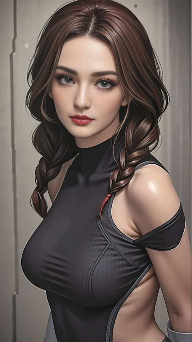 (masterpiece:1.1), (top quality:1.1), Whole body, short hair, good anatomy, lock of hair, (1 girl:1.2), (detailed face and eyes:1.25), long scarlet hair, Two thick braids,Brown eyes, facilitates ,( skintight suit), big breasts,split:1.2), blush, I'm looking at the viewer, mature woman, sidelocks, tatibana kyoka,, sitting, Elysiumchar, Oil painting,