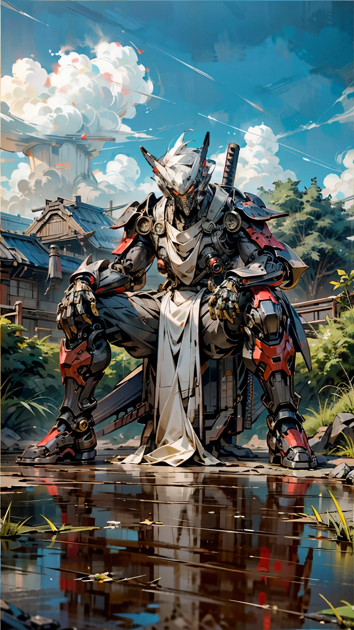 Dark_Fantasy,Cyberpunk,1manMechanical marvel,Robotic presence,Cybernetic guardian, samurai mechanical armour, katana on the waist, absolutely stunning art,wearing black kimono, highest quality art, highest resolution, hyper detailed,black and red, futuristic, samurai robot, atmospheric,8k,64k, HD, unparalleled masterpiece, dynamic lighting, cinematic, epic