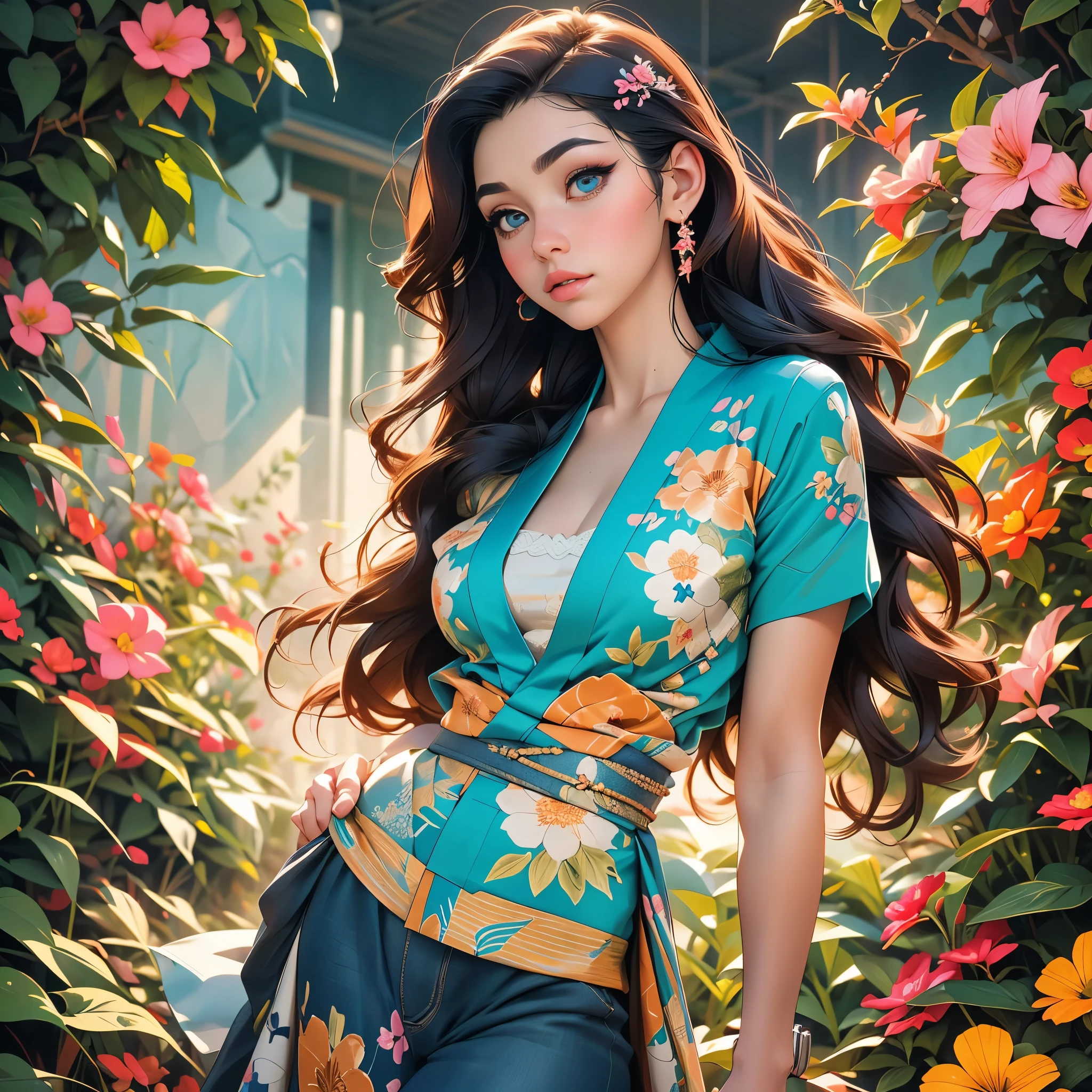 Half-body picture, better quality, work of art, Ultra high resolution, (realism: 1.4), original photo, (Realistic skin texture: 1.3), (Film texture: 1.3), (Selfie corner), 1 woman, Beautiful big eyes and facial details, long hair,In a kimono, charming, open shoulders, work of art, better quality, looking at the audience