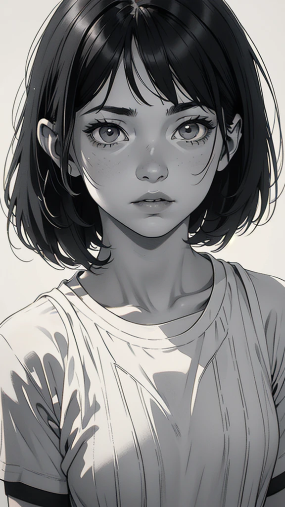 1 boyish girl, solo, sharp eyes, monochrome, greyscale, short black hair, portrait, white T-shirt, Thin eyebrows, closed mouth, looking at viewer, graphite \(medium\), detailed lips, hatching \(texture\), without makeup, bangs, upper body, (best illustration), (best quality), (very detailed), (masterpiece), expressionless,