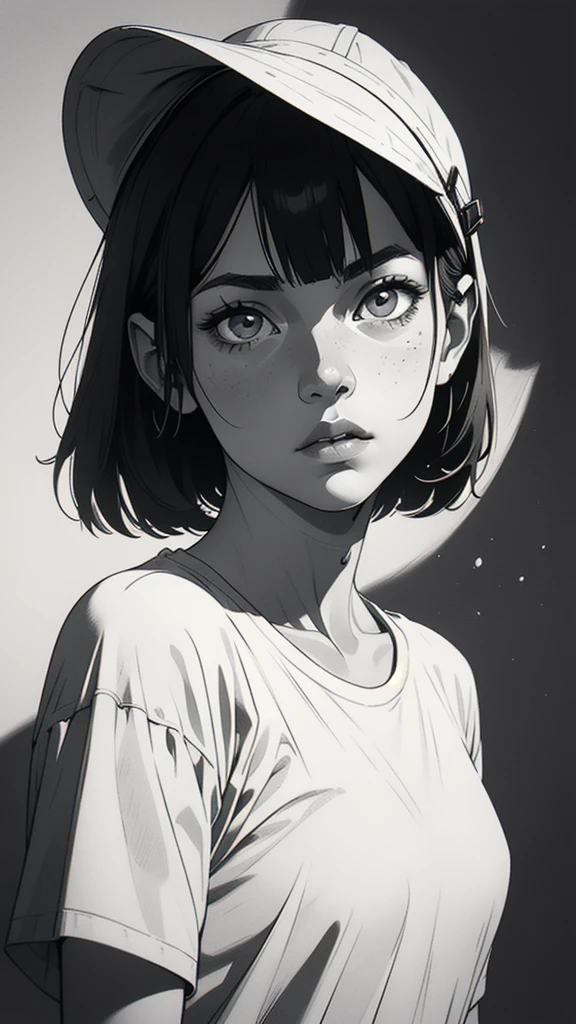 1 boyish girl, solo, sharp eyes, monochrome, greyscale, short black hair, portrait, white T-shirt, Thin eyebrows, closed mouth, looking at viewer, graphite \(medium\), detailed lips, hatching \(texture\), without makeup, bangs, upper body, (best illustration), (best quality), (very detailed), (masterpiece), expressionless,