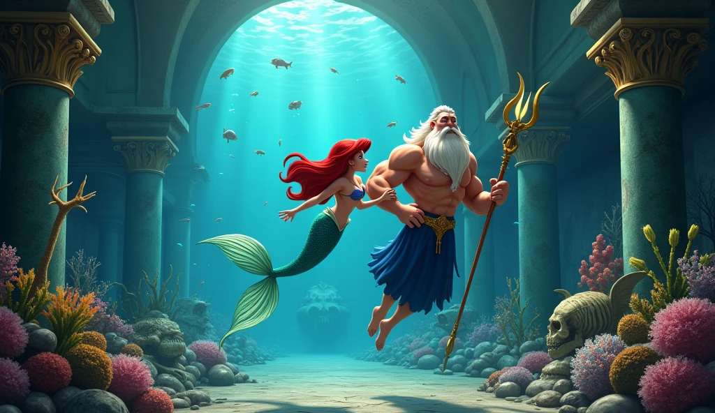 Mermaid Ariel and her father are swimming through the royal museum that shows a little about sea creatures