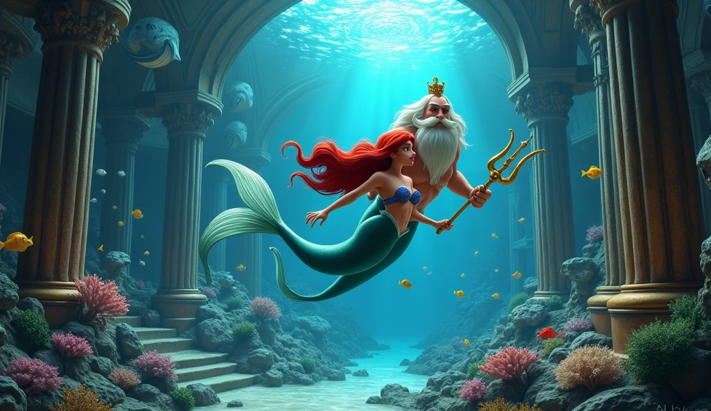 Mermaid Ariel and her father are swimming through the royal museum that shows a little about sea creatures