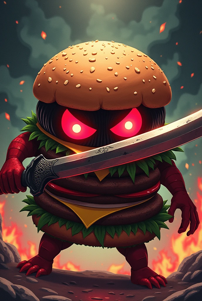 anime style burger, that has evil eyes, A layer, and a spatula as if it were a sword
