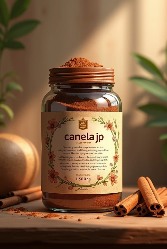 Create an image on a cinnamon medicine jar, and that contains a nice presentation with information, and on the front it says Canela Jp