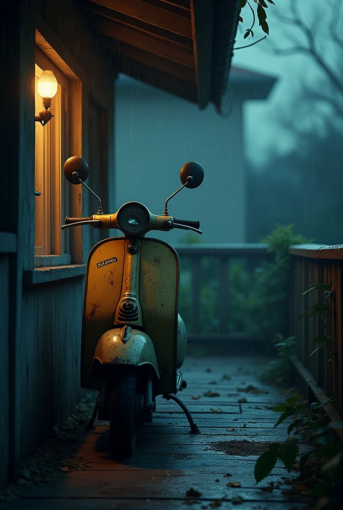 An old scooter is kept outside in the varanda corridor  at night of the house, raining and windy outside, no electricity 