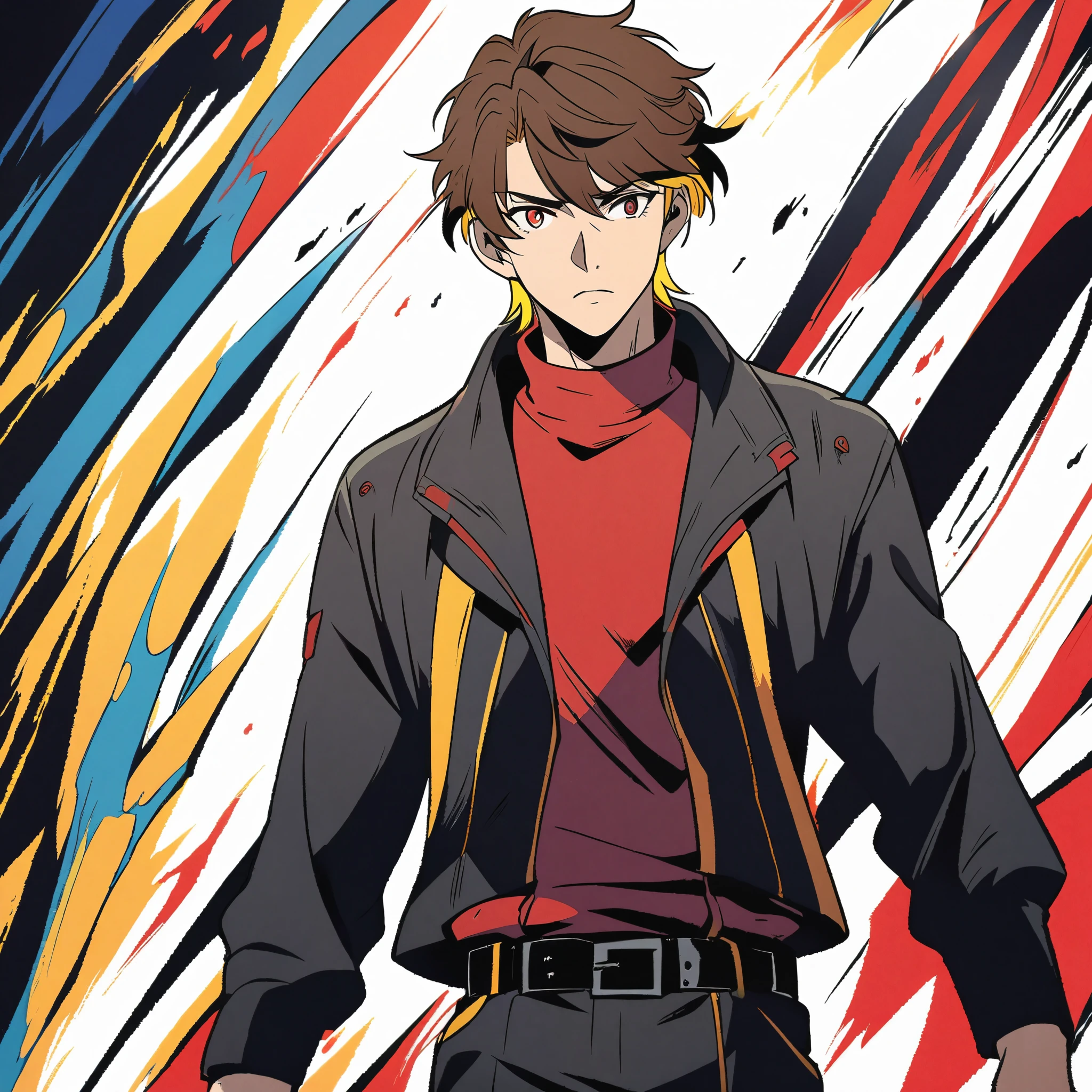 Illustration, anime style, Red Eyes, brown hair, Yellow multicolored hair, Colored Inner Hair, male, boy, Japanese Illustration Style, Red shirt, black jacket, Black belt, HD, white background