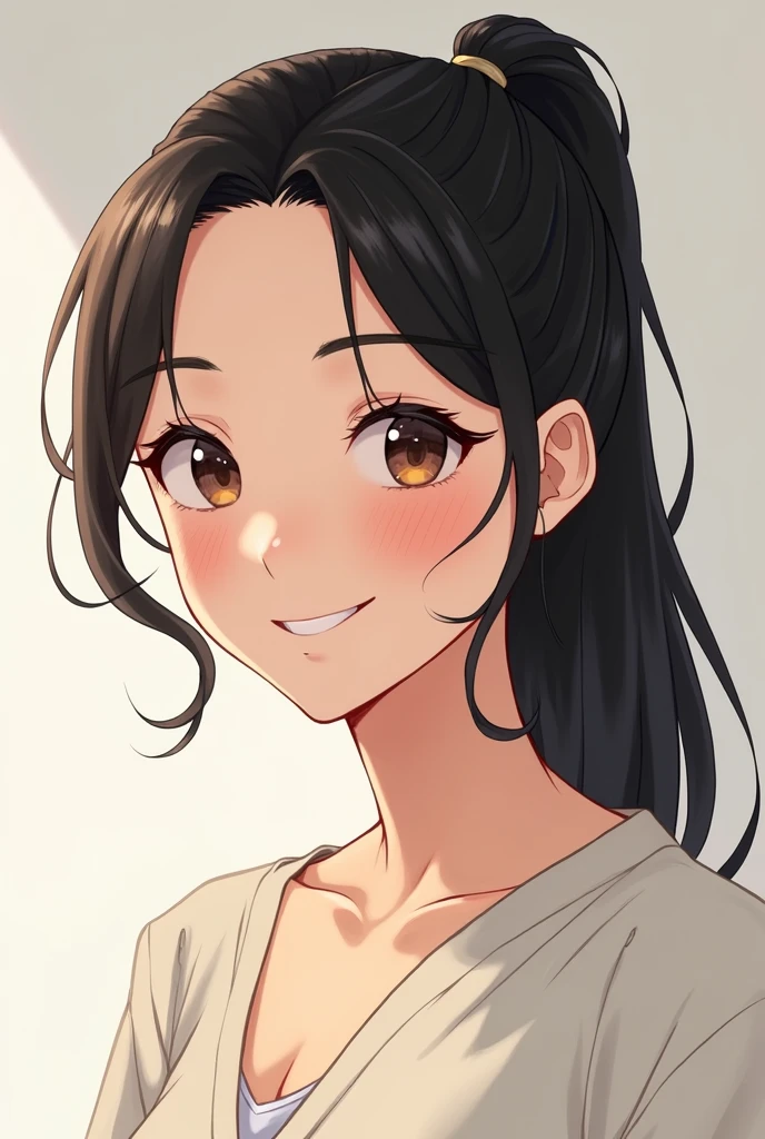 ponytail, Black Hair, chest, smile, Character portrait, 