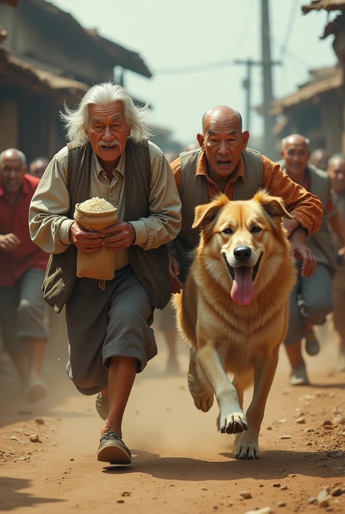 ((best quality)), ((Masterpiece)), (details), perfect face. Two grandparents, holding a bag of rice, running, looking panicked, along with a big dog. ( Dog with hanging tongue)There were many villagers running after him.
