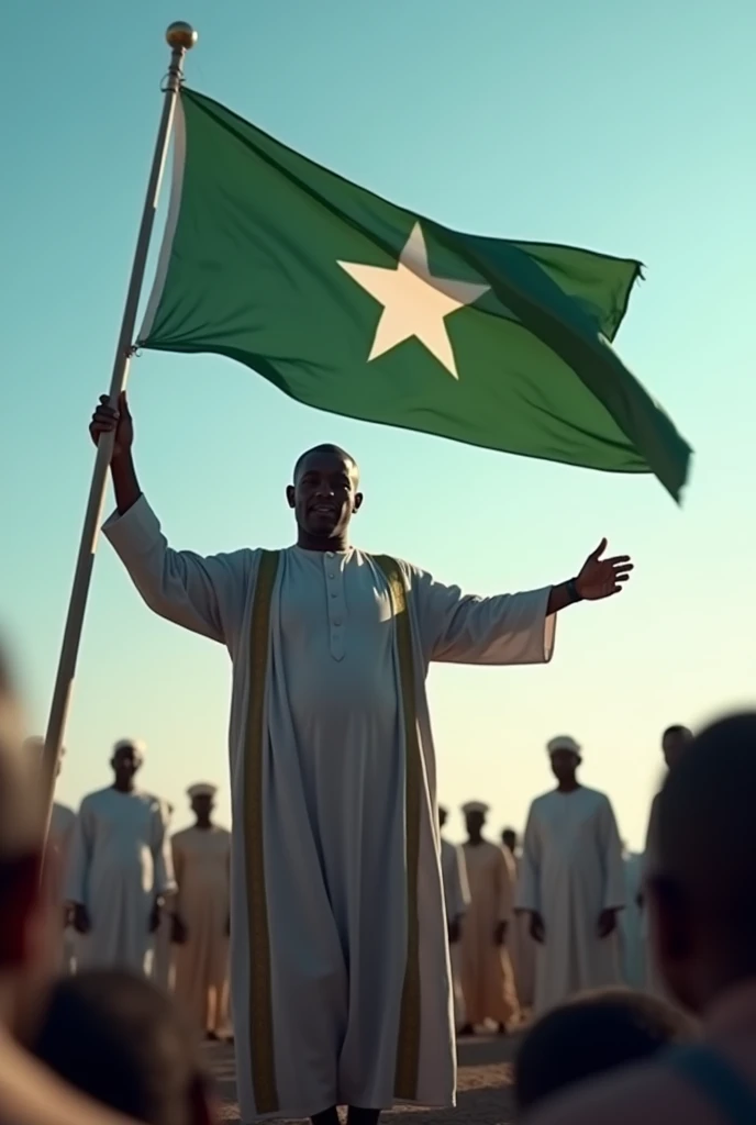 Cinematic -style image of a Somali man, who designed the Somali flag, standing confidently, waving the flag. He wears traditional Somali cloth, surrounded by a crowd , camera focus from the front ,having speech with the crowd, use the real Somali flag, with a very light blue background and a white five-pointed star in the center 