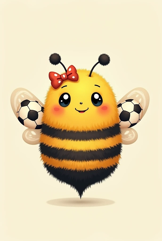 Cartoon bee top view where the wings have the pattern of a soccer ball and put a bow on its head 