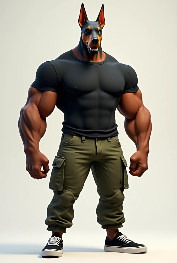 Create a drawing of a Doberman dog with a muscular human body, black vans sneakers , Military green camouflage colored tube cargo pants , black crew neck t-shirt , 3d cartoon.