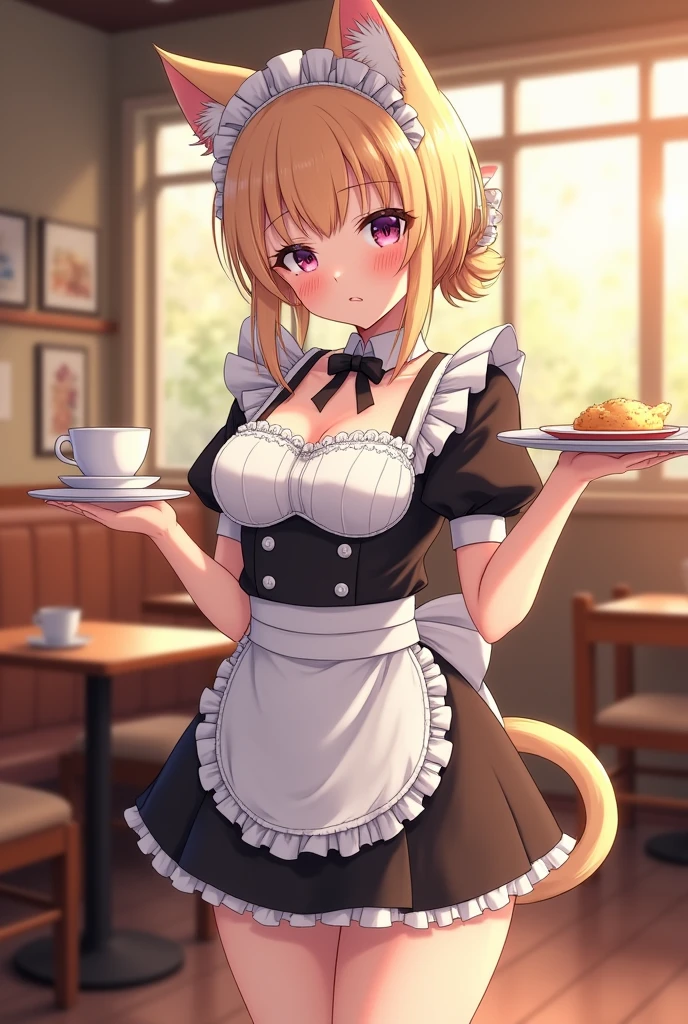 Anime cat girl dressed as a maid with cat tail and cat ears in a cafeteria holding a tray wide thighs and dress uniform big breasts blushing