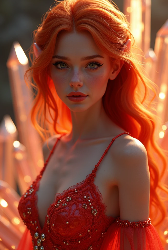 unreal engine:1.4,UHD,The best quality:1.4, photorealistic:1.4, skin texture:1.4, masterpiece:1.8,Beautiful woman ,(red crystal dress), （Beautiful and detailed eye description）, (giant crystals background:1.4),Primer plano de la Upper part of the body, blush, (Red hair:1.4), portrait, Upper part of the body, Looking at the observer, detailed background, detailed face, (Crystal clear AI, Crystal theme: 1.1), Elemental Fire Elf,  rotation fire,