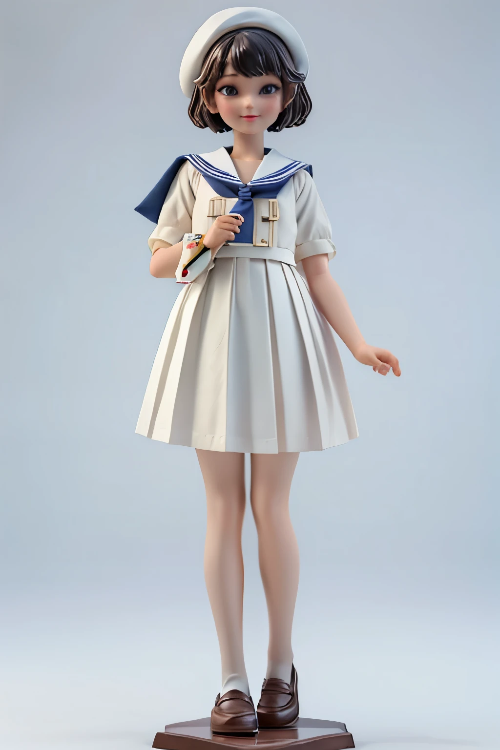 (Porcelain Doll)、(Ceramic figure)、(One girl、)、(natural standing posture)、(Show your whole body)、Detailed facial depiction、A kind smile、Short Hair、White Beret、(White Sailor Suit Dress)、Navy blue sailor collar、(White long skirt)、Pleated skirt、shoes、loafers、Vintage、Classic、((Watercolor of singer Sargent))、Blur the background、((No background))、((White Background))、((A plain background))、(No logo)、(Highest quality、High resolution、masterpiece)、3d、4K、wallpaper、